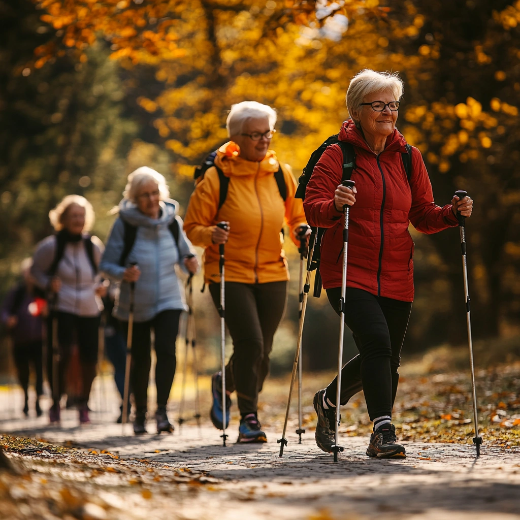 Група пенсіонерів займається скандинавською ходьбою
